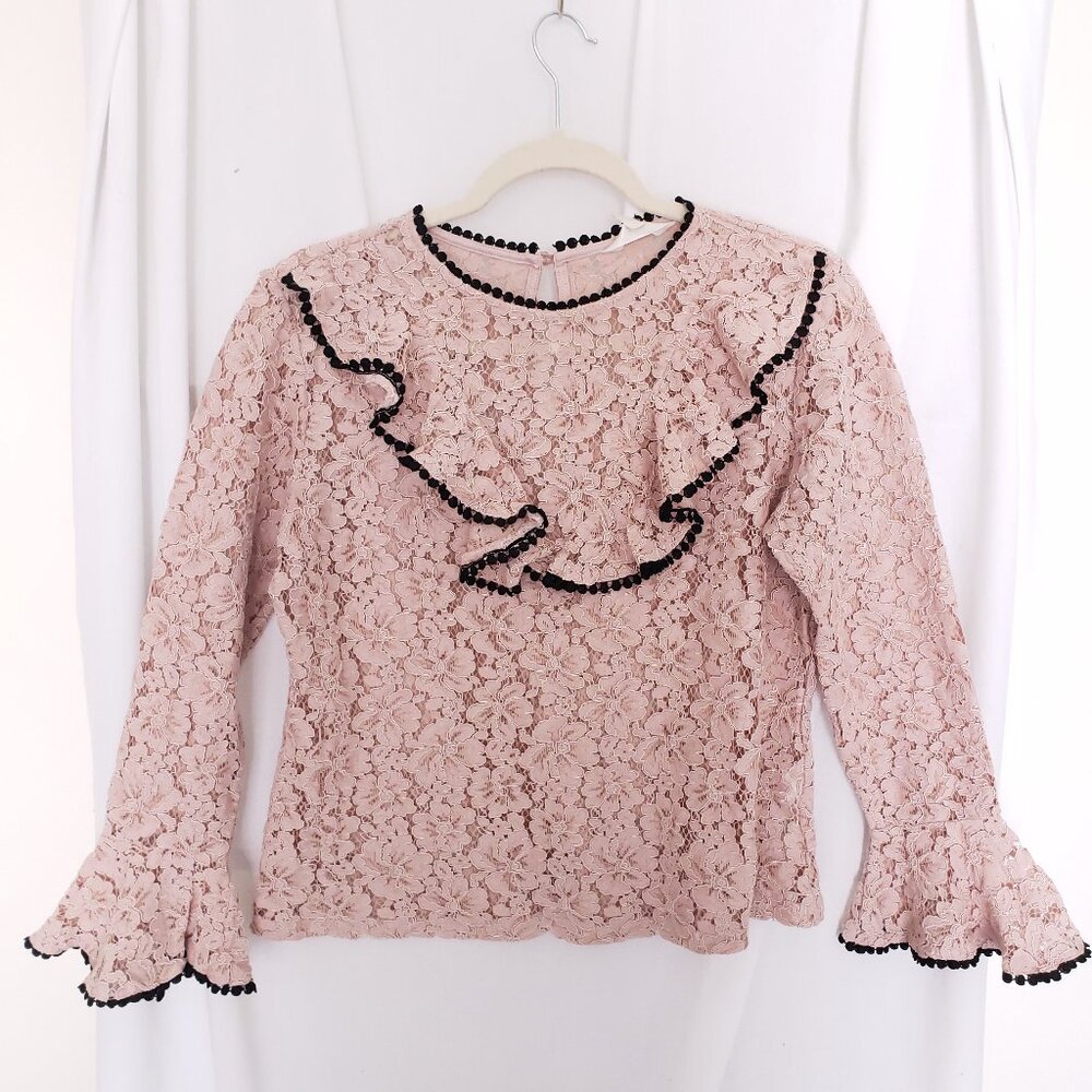 Adiva Dusty Rose Ruffle Floral Lace Pattern Long Sleeve Preppy Blouse Size M